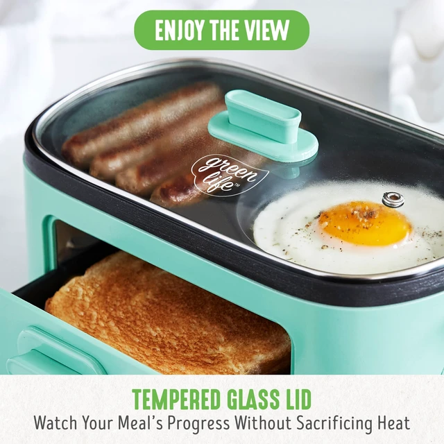 Alt view image 6 of 6 - 3-in-1 Breakfast Maker Station, Healthy Ceramic Nonstick Dual Griddles for Eggs Meat Sausage Bacon Pancakes and Breakfast Sandwiches, 2 Slice Toast Drawer, Easy-to-use Timer, Turquoise