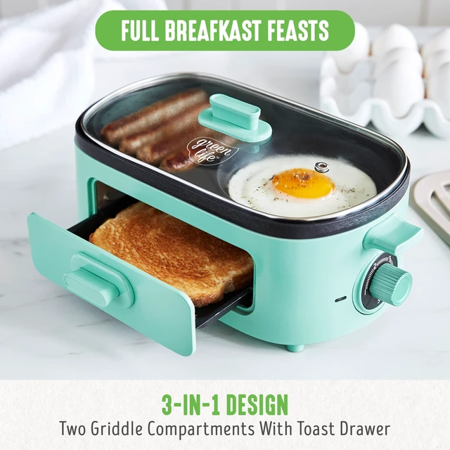 Alt view image 4 of 6 - 3-in-1 Breakfast Maker Station, Healthy Ceramic Nonstick Dual Griddles for Eggs Meat Sausage Bacon Pancakes and Breakfast Sandwiches, 2 Slice Toast Drawer, Easy-to-use Timer, Turquoise