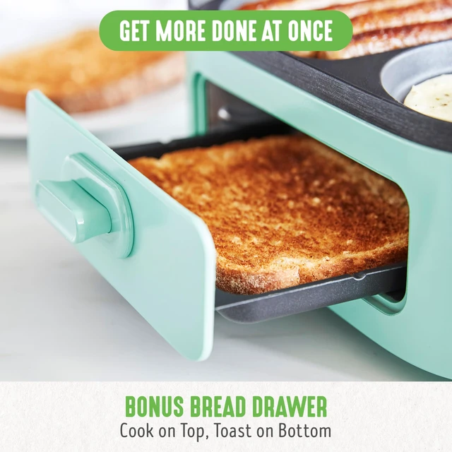 Alt view image 5 of 6 - 3-in-1 Breakfast Maker Station, Healthy Ceramic Nonstick Dual Griddles for Eggs Meat Sausage Bacon Pancakes and Breakfast Sandwiches, 2 Slice Toast Drawer, Easy-to-use Timer, Turquoise
