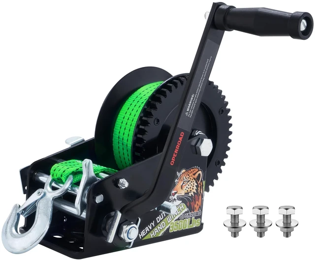 Main image of 3500LB Boat Trailer Winch - 32FT Green Strap, Heavy Duty Hand Winch with 2-Way Ratchet 4:1/8:1 Gear - Effortlessly Tow Boat,Trailer, RV, ATV, and Jet Ski - Includes Installation Screws