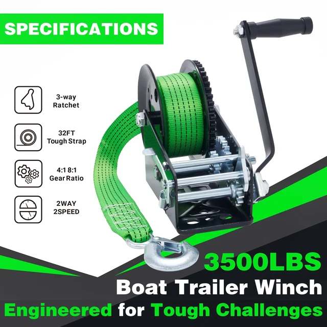 Alt view image 2 of 6 - 3500LB Boat Trailer Winch - 32FT Green Strap, Heavy Duty Hand Winch with 2-Way Ratchet 4:1/8:1 Gear - Effortlessly Tow Boat,Trailer, RV, ATV, and Jet Ski - Includes Installation Screws