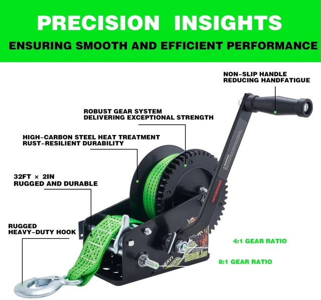 Alt view image 3 of 6 - 3500LB Boat Trailer Winch - 32FT Green Strap, Heavy Duty Hand Winch with 2-Way Ratchet 4:1/8:1 Gear - Effortlessly Tow Boat,Trailer, RV, ATV, and Jet Ski - Includes Installation Screws