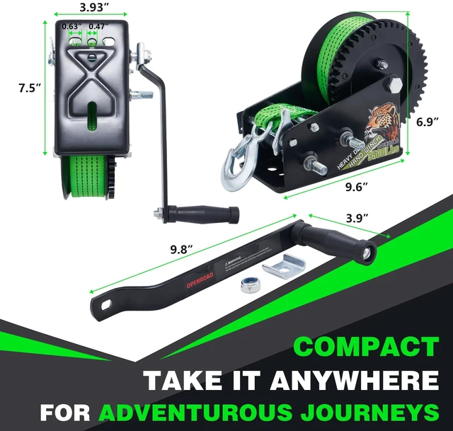 Alt view image 5 of 6 - 3500LB Boat Trailer Winch - 32FT Green Strap, Heavy Duty Hand Winch with 2-Way Ratchet 4:1/8:1 Gear - Effortlessly Tow Boat,Trailer, RV, ATV, and Jet Ski - Includes Installation Screws