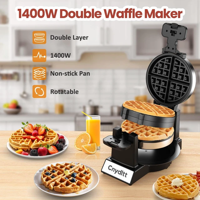 Alt view image 2 of 7 - Double Waffle Maker - 1400W Rotating Belgian Waffle Iron, Cooks 2 at Once (8 Slices), 180° Flip Nonstick Plates, Smart Temp Control, Removable Drip Tray, Locking Lid, Stainless, Black