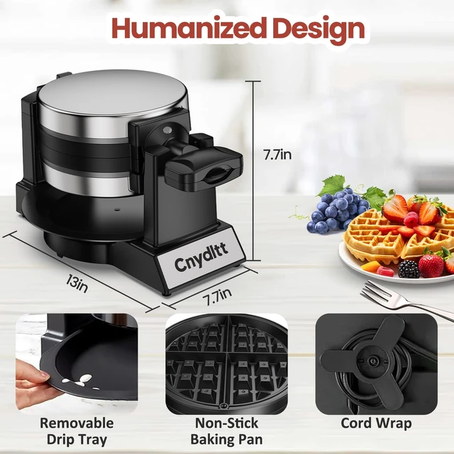 Alt view image 4 of 7 - Double Waffle Maker - 1400W Rotating Belgian Waffle Iron, Cooks 2 at Once (8 Slices), 180° Flip Nonstick Plates, Smart Temp Control, Removable Drip Tray, Locking Lid, Stainless, Black
