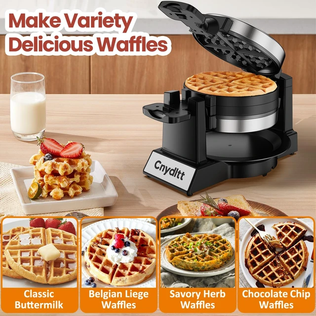 Alt view image 3 of 7 - Double Waffle Maker - 1400W Rotating Belgian Waffle Iron, Cooks 2 at Once (8 Slices), 180° Flip Nonstick Plates, Smart Temp Control, Removable Drip Tray, Locking Lid, Stainless, Black