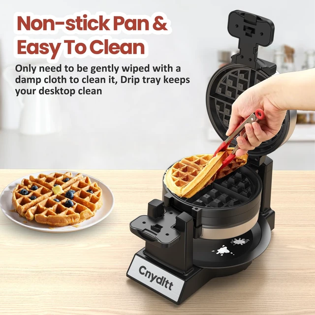 Alt view image 5 of 7 - Double Waffle Maker - 1400W Rotating Belgian Waffle Iron, Cooks 2 at Once (8 Slices), 180° Flip Nonstick Plates, Smart Temp Control, Removable Drip Tray, Locking Lid, Stainless, Black