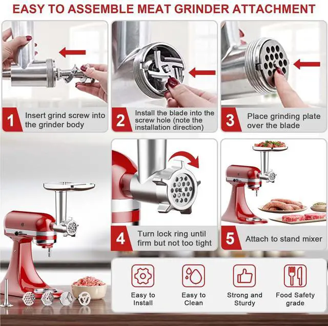 Alt view image 4 of 7 - Meat Grinder & Slicer Shredder Attachments for KitchenAid Stand Mixer, Meat Grinder with Sausage Stuffer Tubes and Slicer Shredder Set, 2 Pcs Attachment Set for KitchenAid Mixers by Cofun