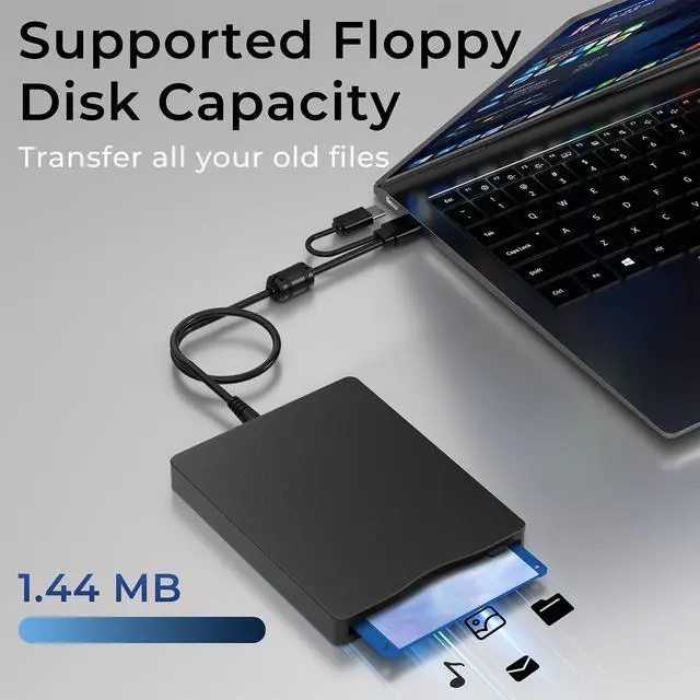 Alt view image 2 of 7 - SOEWIOU USB Floppy Drive, External 3.5" USB & Type-C Floppy Disk Reader, External Floppy Disk Drive Portable 1.44 MB Plug and Play FDD for PC Windows XP 7 8 10 11(Black)