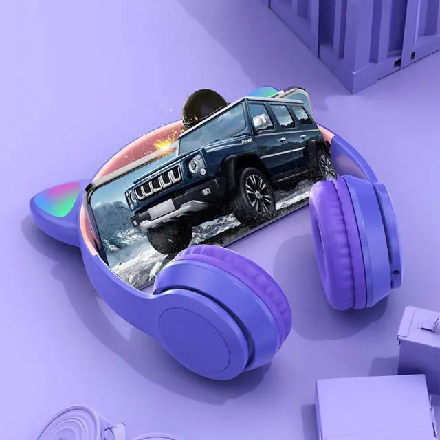 Alt view image 10 of 14 - SOEWIOU Wireless Gaming Headset, Bluetooth 5.0 Foldable Wireless Gaming Headset, Cute Cat Ear LED Light Up Over-Ear Headphones, Lightweight Over-Ear Headphones(Purple)
