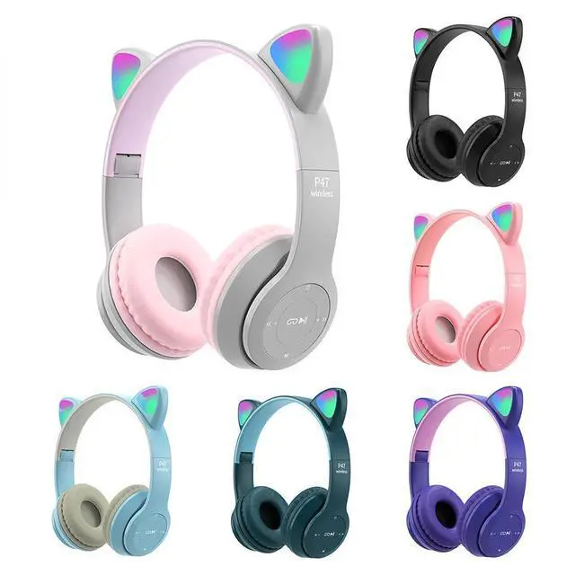 Alt view image 11 of 14 - SOEWIOU Wireless Gaming Headset, Bluetooth 5.0 Foldable Wireless Gaming Headset, Cute Cat Ear LED Light Up Over-Ear Headphones, Lightweight Over-Ear Headphones(Purple)