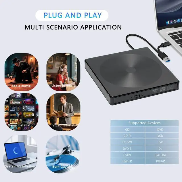Alt view image 6 of 7 - VAREQOY CD/DVD External Drive USB 3.0 & Type-C Portable External CD/DVD Burner for Mainstream Computer Systems Such As Windows 11/10/8/7 / XPLinuxMac