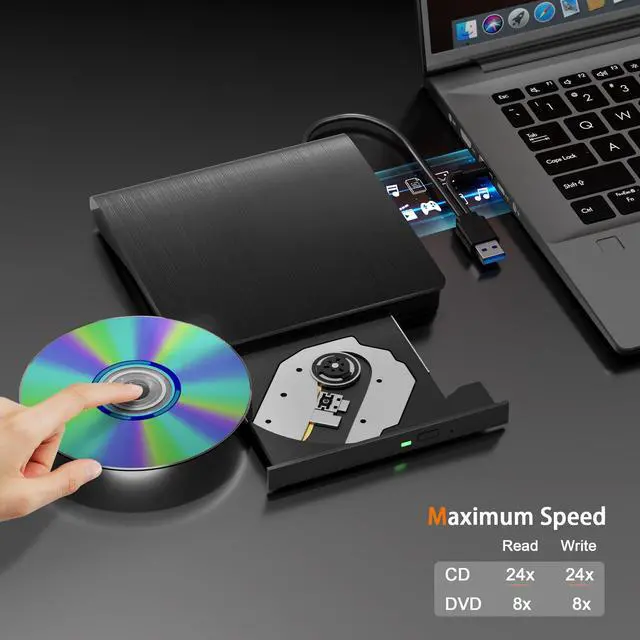 Alt view image 2 of 7 - VAREQOY External CD/DVD Drive for Laptop PC CD DVD Player USB 3.0 Portable Optical Drive CD Burner Compatible with Windows 10 11 Linux Mac OS (Black)