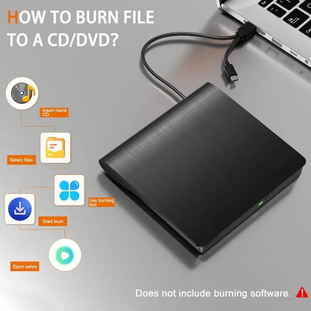 Alt view image 7 of 7 - VAREQOY External CD/DVD Drive for Laptop PC CD DVD Player USB 3.0 Portable Optical Drive CD Burner Compatible with Windows 10 11 Linux Mac OS (Black)