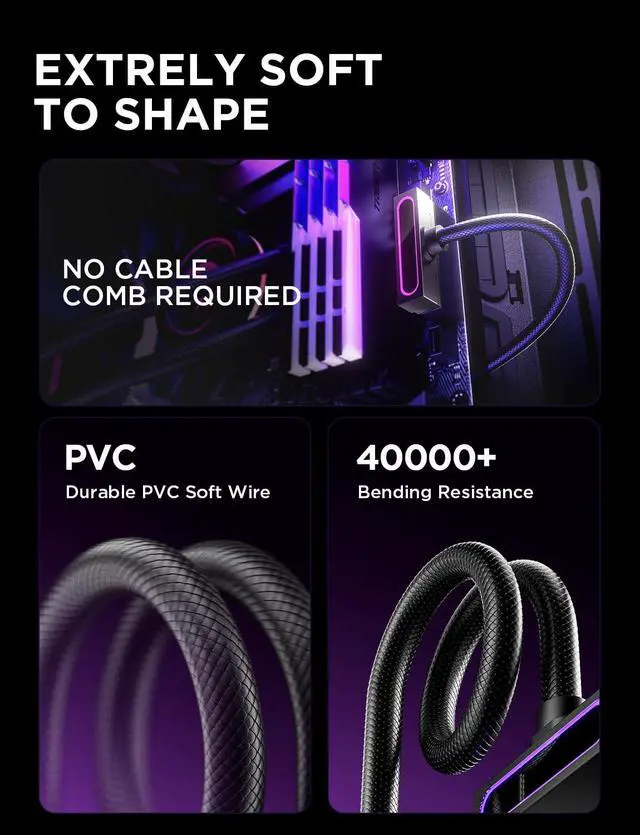 Alt view image 7 of 7 - VAREQOY Hydrus-24PIN PC PSU Extension Cable ARGB LED, Copper Wire Motherboard Power Extension Cable Integrated Minimalist Design, 2000W Power (Whole Set), PC Power Cord for Cable Management & DIY