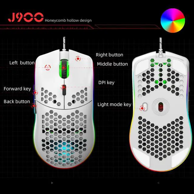Alt view image 2 of 7 - VAREQOY Programmable RGB Gaming Mouse, 6 DPI (1000/1600/2400/3200/4800/6400) 96g Ultra Lightweight Honeycomb Optical LED Wired Mouse with Programmable 6 Keys RGB Marquee Effect Light