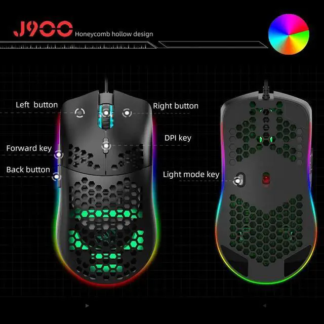 Alt view image 3 of 7 - VAREQOY Programmable RGB Gaming Mouse, 6 DPI (1000/1600/2400/3200/4800/6400) 96g Ultra Lightweight Honeycomb Optical LED Wired Mouse with Programmable 6 Keys RGB Marquee Effect Light