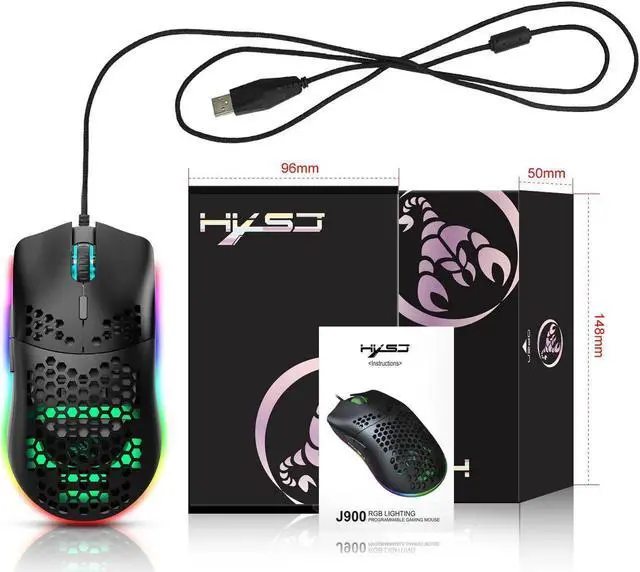 Alt view image 7 of 7 - VAREQOY Programmable RGB Gaming Mouse, 6 DPI (1000/1600/2400/3200/4800/6400) 96g Ultra Lightweight Honeycomb Optical LED Wired Mouse with Programmable 6 Keys RGB Marquee Effect Light