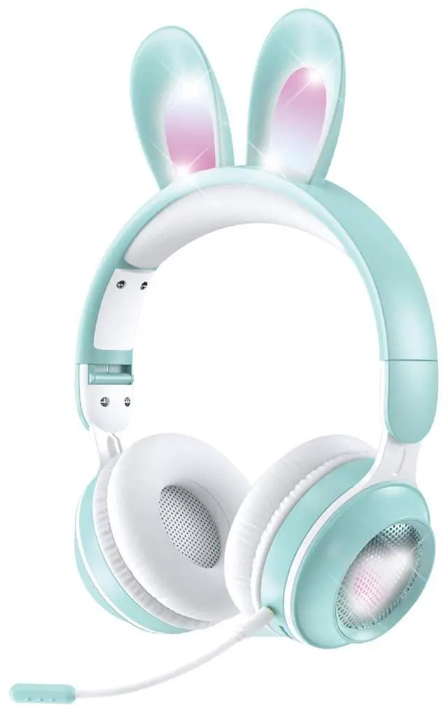 Main image of Kids Wireless Bluetooth Headphones with Microphone, Children Cute Cat Ear Girl Headphones for School, Green Kindergarten Light up Kawaii Noise Cancelling Headphones for Kids Teens Child Airplane