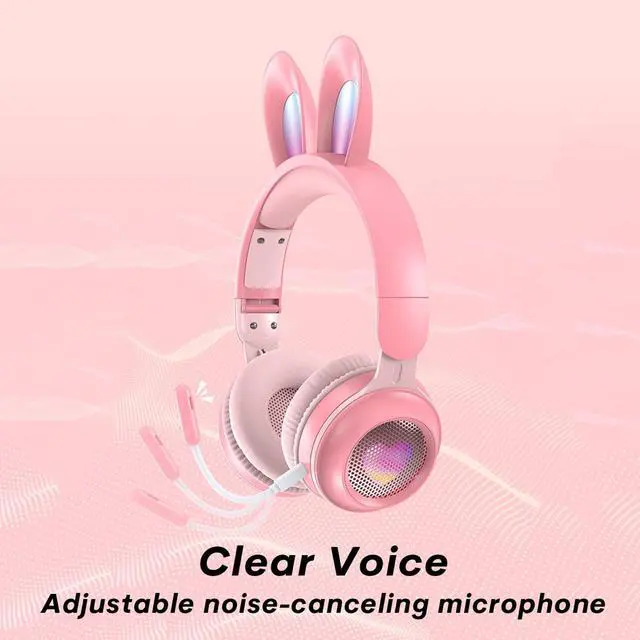 Alt view image 4 of 5 - Kids Wireless Bluetooth Headphones with Microphone, Children Cute Cat Ear Girl Headphones for School, Green Kindergarten Light up Kawaii Noise Cancelling Headphones for Kids Teens Child Airplane