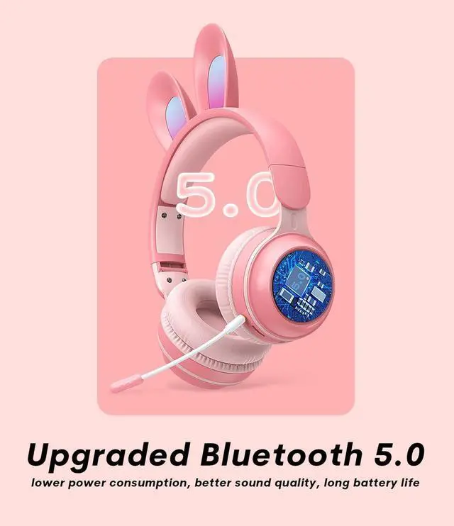 Alt view image 5 of 5 - Kids Wireless Bluetooth Headphones with Microphone, Children Cute Cat Ear Girl Headphones for School, Green Kindergarten Light up Kawaii Noise Cancelling Headphones for Kids Teens Child Airplane