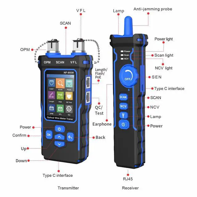 Alt view image 2 of 7 - VAREQOY 9 in 1 Multifunctional Network Cable Tester Optical Wire Tracer Optical Fiber Power Meter NCV Function Li-ion Battery USB Charge LED Light