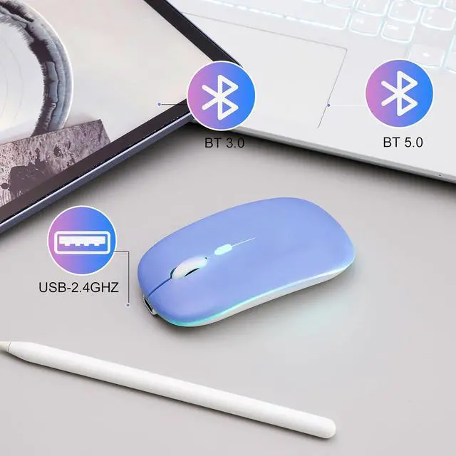 Alt view image 12 of 14 - AZTZATZ Wireless Bluetooth Mouse Rechargeable Long Lasting Dual Mode - BT 5.2 & 2.4G Silent RGB LED Mice, Slim Portable Ergonomic Mouse for Laptop/PC/Tablet/MacBook/iPad/Apple Devices(Purple)