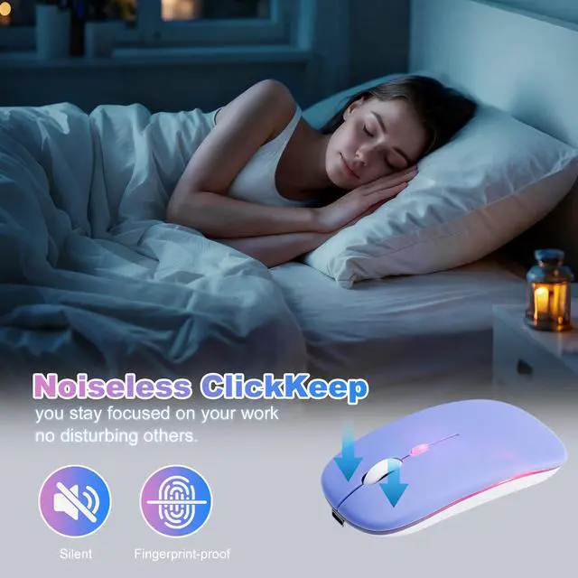 Alt view image 14 of 14 - AZTZATZ Wireless Bluetooth Mouse Rechargeable Long Lasting Dual Mode - BT 5.2 & 2.4G Silent RGB LED Mice, Slim Portable Ergonomic Mouse for Laptop/PC/Tablet/MacBook/iPad/Apple Devices(Purple)