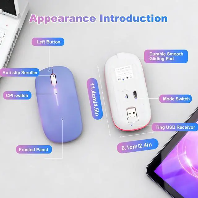 Alt view image 11 of 14 - AZTZATZ Wireless Bluetooth Mouse Rechargeable Long Lasting Dual Mode - BT 5.2 & 2.4G Silent RGB LED Mice, Slim Portable Ergonomic Mouse for Laptop/PC/Tablet/MacBook/iPad/Apple Devices(Purple)