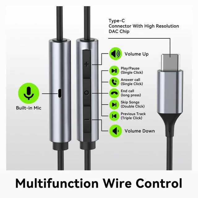 Alt view image 5 of 7 - VAREQOY USB C Headphones for Samsung S24 S23 FE S22 S21 S20 A53 A54 Wired Earbuds Metal in-Ear Type C Earphone with Microphone Volume Control Bass Stereo for iPhone 17 Pro Max iPhone 16 Pro Max Pixel