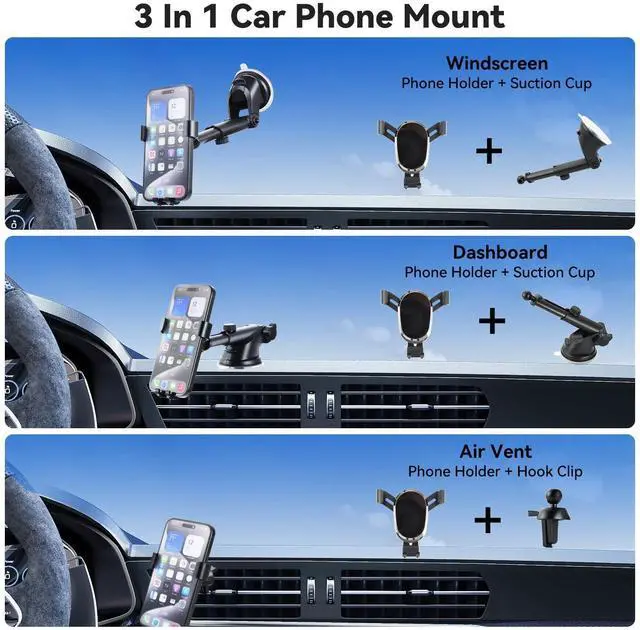 Alt view image 10 of 14 - SOEWIOU Phone Holders for Your Car Dashboard Windshield Air Vent 3-in-1 Universal Car Phone Mount Thick Case & Heavy Phone Friendly Cell Phone Holder Mount Fit for iPhone 16 15 Pro Max 14 13 Android