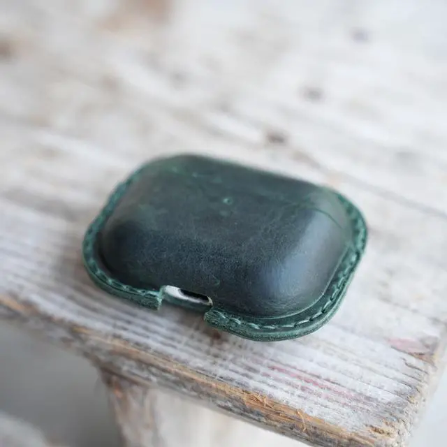 Alt view image 3 of 5 - JJNUSA Genuine Vintage Leather Distressed Leather for Apple Airpods Pro 3 3rd Gen (2025) Wireless Charging Protective Cover Earbud Case Compatible with MagSafe Green