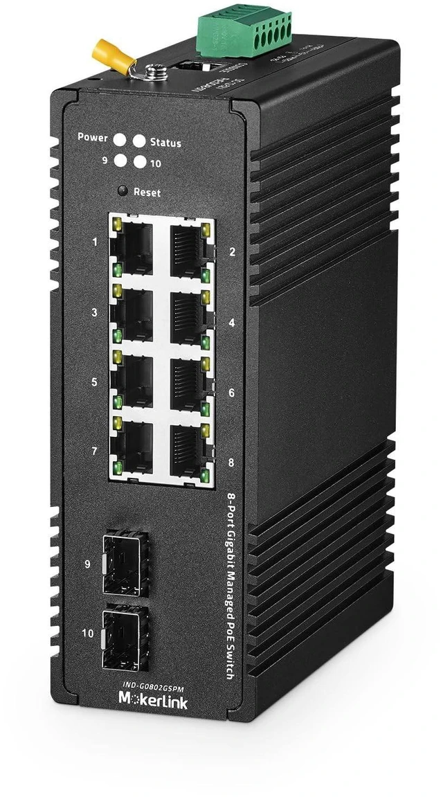 Main image of MokerLink 8 Port Gigabit PoE Industrial DIN-Rail Ethernet Switch Managed, 2 SFP Ports, IEEE802.af/at 96W PoE+ Power, Web L2+ Managed IP40 Network Switch (-40 to 185F), with Power Supply