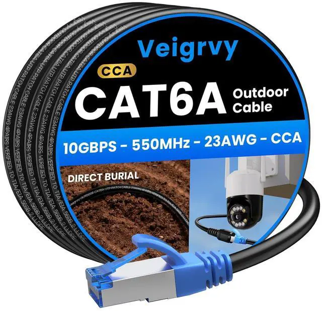 Main image of Veigrvy Cat6A Outdoor Ethernet Cable 125 ft Supports POE, 23AWG 550MHz high-Speed CAT6A Cable, Internet Cable Direct Burial Waterproof LLDPE Outer UTP UV LAN Network Ethernet Cord with 40 Cable Ties