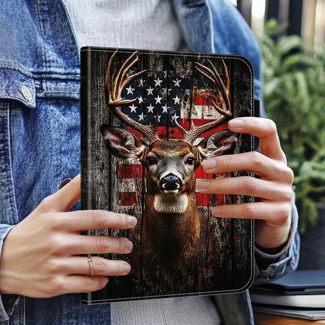 Alt view image 2 of 5 - smauncucn Case for Samsung Galaxy Tab S9 FE 5G 10.9 Inch/Tab S9 11 Inch 2023,Wallet PU Leather Folio Cover Multi-Angle Stand with Auto Wake/Sleep,Rustic American Flag Deer