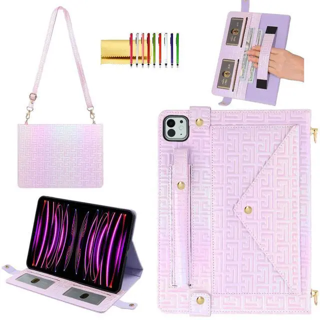 Main image of Shiny Case for iPad Pro 11" 2018-2022 / Air 10.9" 11" Handbag with Hand Strap, Techcircle Crossbody Iridescent Folio Stand Wallet Case with Pencil Holder+Card Slots+Shoulder Strap, Shiny Lilac