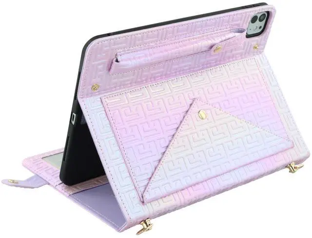 Alt view image 2 of 5 - Shiny Case for iPad Pro 11" 2018-2022 / Air 10.9" 11" Handbag with Hand Strap, Techcircle Crossbody Iridescent Folio Stand Wallet Case with Pencil Holder+Card Slots+Shoulder Strap, Shiny Lilac