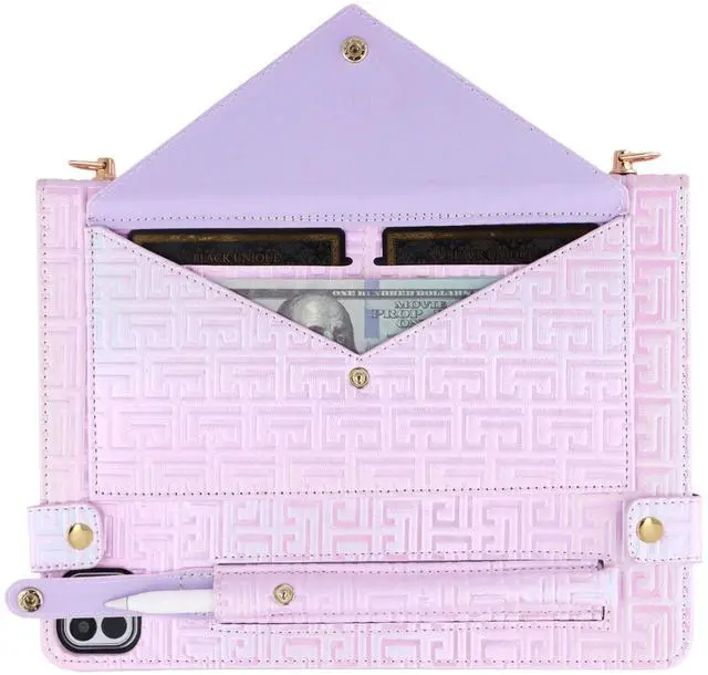 Alt view image 3 of 5 - Shiny Case for iPad Pro 11" 2018-2022 / Air 10.9" 11" Handbag with Hand Strap, Techcircle Crossbody Iridescent Folio Stand Wallet Case with Pencil Holder+Card Slots+Shoulder Strap, Shiny Lilac