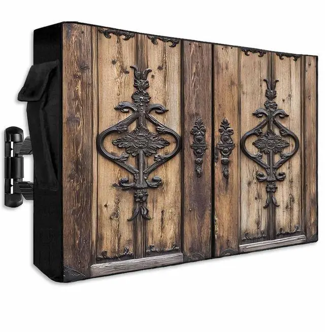Main image of Wooden Plank Outdoor TV Cover 70-75 Inch Waterproof & Weatherproof with Roll Up Front Flat, Rustic Farmhouse Brown Black Barn Door Outside Zipper TV Screen Protector Enclosure Remote Control Pocket