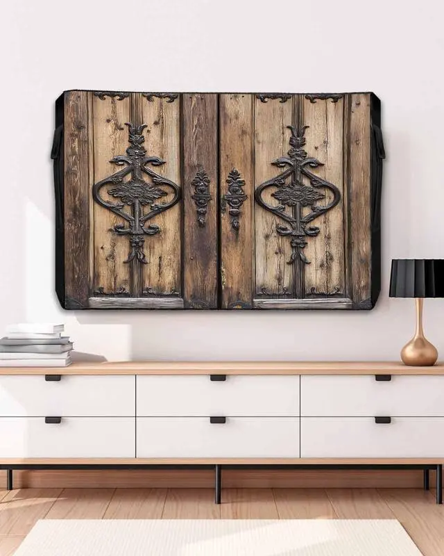 Alt view image 5 of 5 - Wooden Plank Outdoor TV Cover 70-75 Inch Waterproof & Weatherproof with Roll Up Front Flat, Rustic Farmhouse Brown Black Barn Door Outside Zipper TV Screen Protector Enclosure Remote Control Pocket
