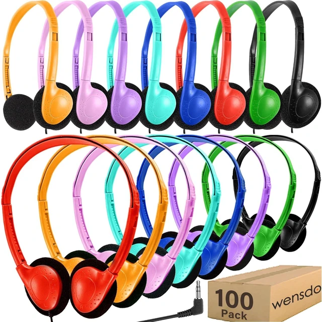 Main image of Wensdo 100 Pack Bulk Headphones for Classroom School Kids, Wholesale Class Set Durable Headset for Student Boys Girls Adults, Wired Earphones with 3.5mm Jack for Computer Chromebook (HY857,100