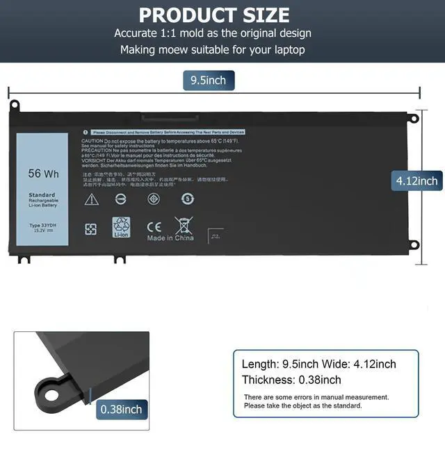 Alt view image 2 of 5 - 56Wh 33YDH Battery for Dell Inspiron 17 7000 7773 7779 7778 7786 2-in-1 15 7577 G3 3579 3779 G5 5587 G7 7588 Latitude 13 3380 14 3490 3590 3580 3400 3500 Vostro 7580 PVHT1 P30E P30E001 081PF3