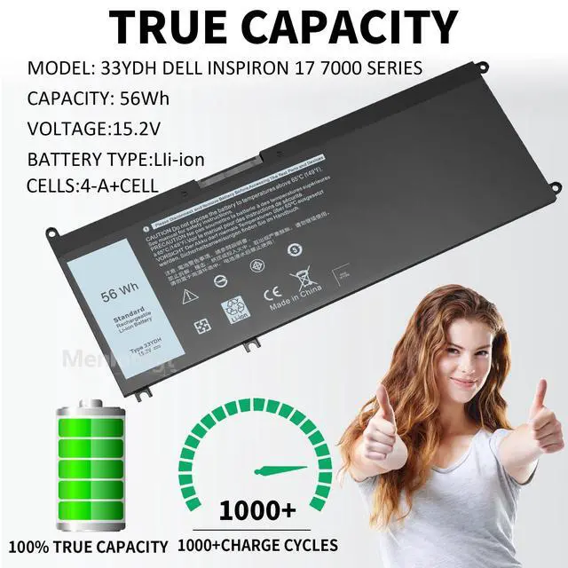 Alt view image 3 of 5 - 56Wh 33YDH Battery for Dell Inspiron 17 7000 7773 7779 7778 7786 2-in-1 15 7577 G3 3579 3779 G5 5587 G7 7588 Latitude 13 3380 14 3490 3590 3580 3400 3500 Vostro 7580 PVHT1 P30E P30E001 081PF3