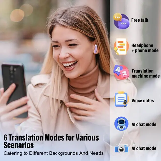 Alt view image 4 of 4 - Thunelec Ai Translation Earbuds Real Time, 3-in-1 Buletooth 5.3 Translator Earbuds with 5 Translation Modes/164 Languages/No Subscription Required, 48H Headphones Translator, Purple