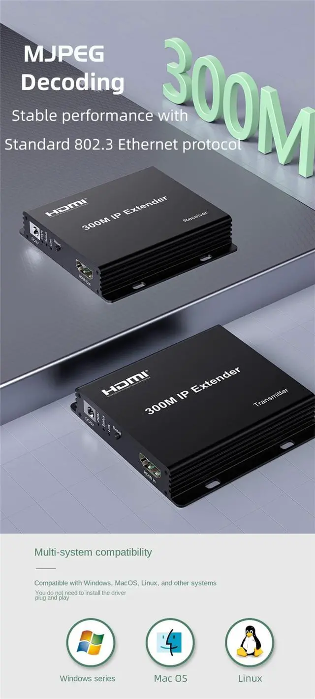 Alt view image 3 of 5 - 300M IP Extender,HDMI Extender Over IP RJ45 Cat6 Cable 1080P HDMI to Ethernet Network Extender Support One TX to Many RX via Network Switch (TX+RX)