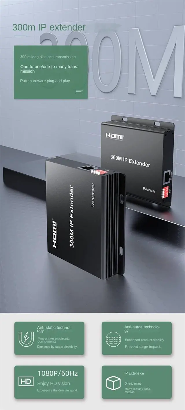 Alt view image 2 of 5 - 300M IP Extender,HDMI Extender Over IP RJ45 Cat6 Cable 1080P HDMI to Ethernet Network Extender Support One TX to Many RX via Network Switch (TX+RX)