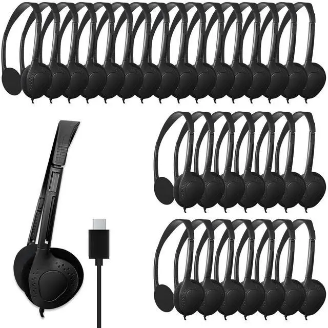 Main image of WAHUWAY USB-C Headphones Bulk, 30-Pack Suitable for Classroom, School, Children, and Teenagers, USB Type-C Headphones Compatible with Pad and Smartphones (Black)