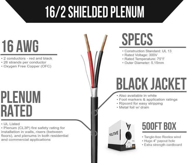 Alt view image 2 of 5 - Voltive 16/2 Shielded Low Voltage Wire, Plenum CL3P, Black, 500ft - 16AWG, 2 Conductors, Overall Shield, Stranded Bare Copper, UL Listed - V-1285-2