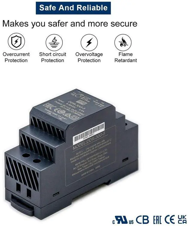 Alt view image 4 of 5 - DDR-30G-5 30W 5V 6A DIN Rail Mount Power Supply - Industrial Power Supply, High Efficiency DC-DC Converter for Factory Automation, Process Control, Robotics