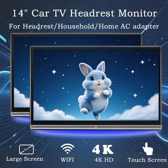 Alt view image 2 of 5 - 14 Inch 4K Car TV Headrest Monitor for Cars Back seat, Support Phone Wireless Mirror Link Touch Screen, HDMI Input, USB/SD Card Tablet Portable Multi-Media Video Player, WiFi, 2+32G 2PCS (2PCS)